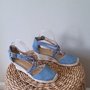 Talbots Womens Chambray Canvas Slingback Wedge Espadrille Sandals 2.5" Heels 7.5